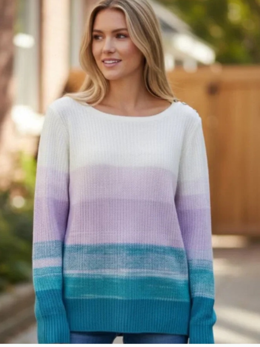 Talbots Women's Shaker Stitch Bateau Neck Sweater - Ivory, Lavender & Teal 3X